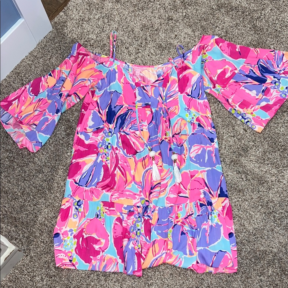 Lilly Pulitzer Vibrant Floral Off-Shoulder Dress with Spaghetti Straps